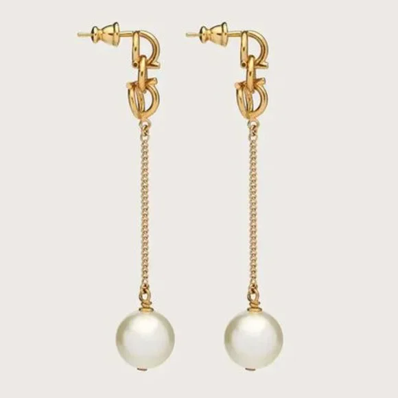 Salvatore Ferragamo Gancini Chain Drop Earrings With Pearl In Gold NEW IN BOX - Picture 14 of 15
